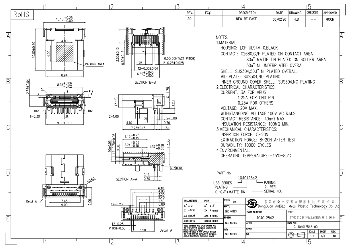 104012542-TYPE C 24PIN板上前插后贴脚长1.2 L=10.0