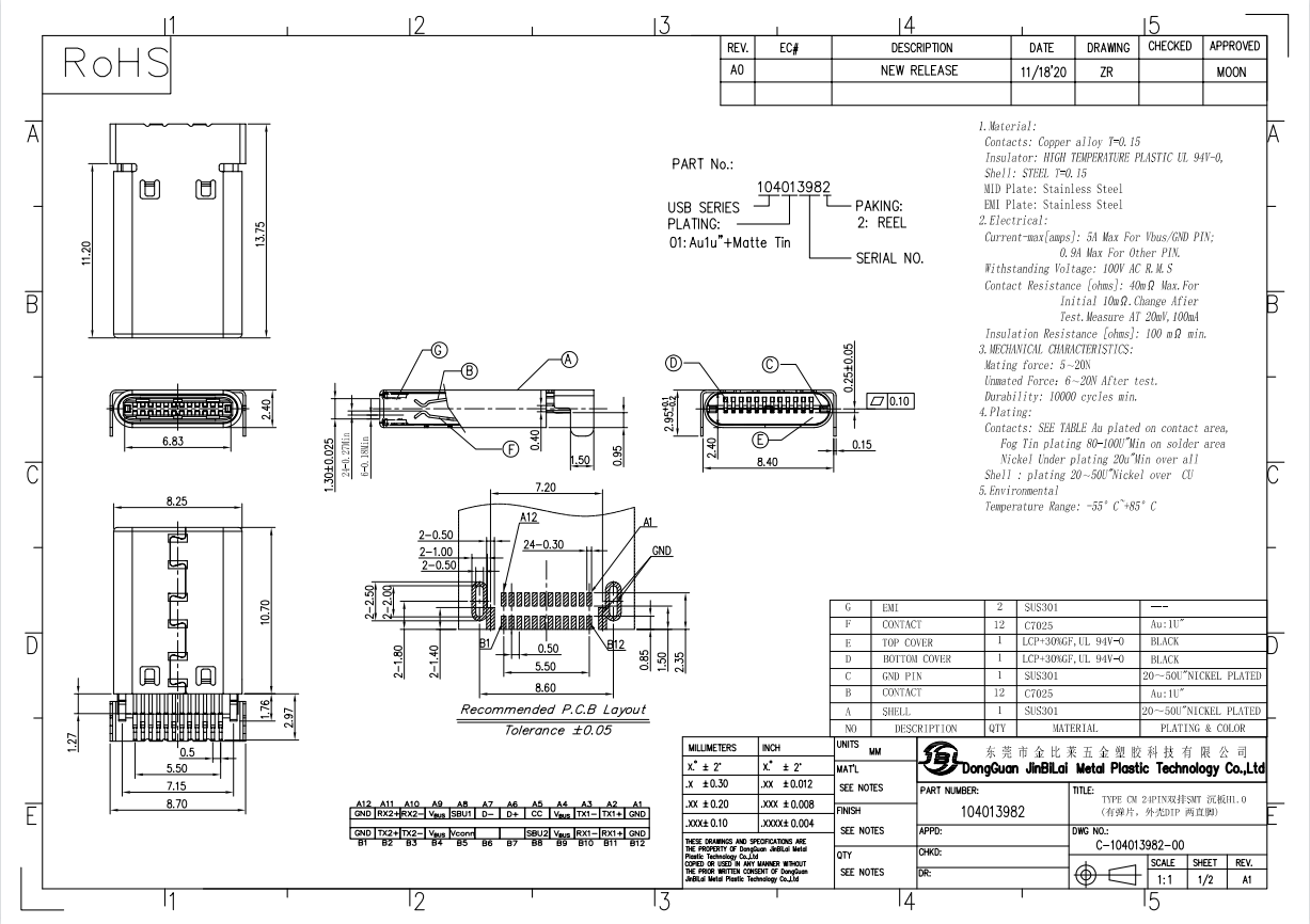 104013982-TYPE CM 24PIN双排SMT 沉板H1.0(有弹片，外壳DIP两直脚)