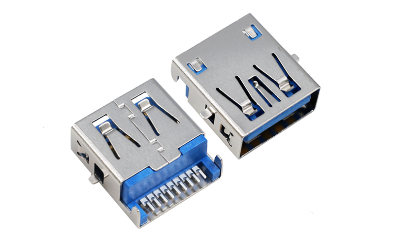 104012262-USB3.0正向板上SMT 平口贴脚蓝色胶芯usb3.0连接器 180度直插大电流母座