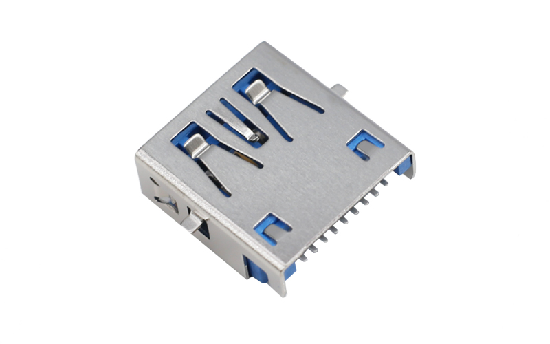 104012262-USB3.0正向板上SMT 平口贴脚蓝色胶芯usb3.0连接器 180度直插大电流母座