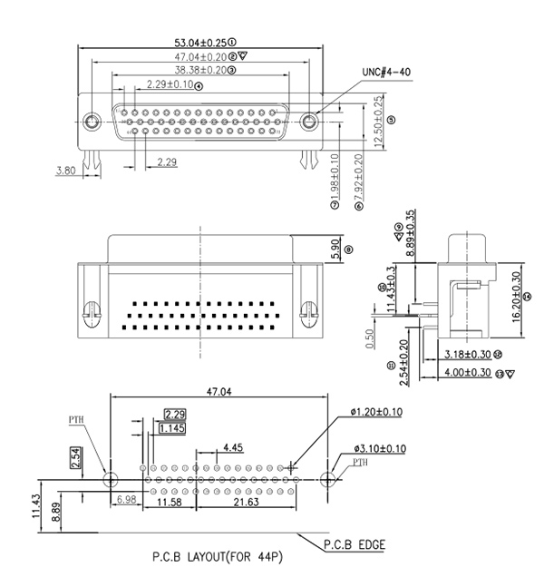 HDR 44母 铆合d-sub连接器